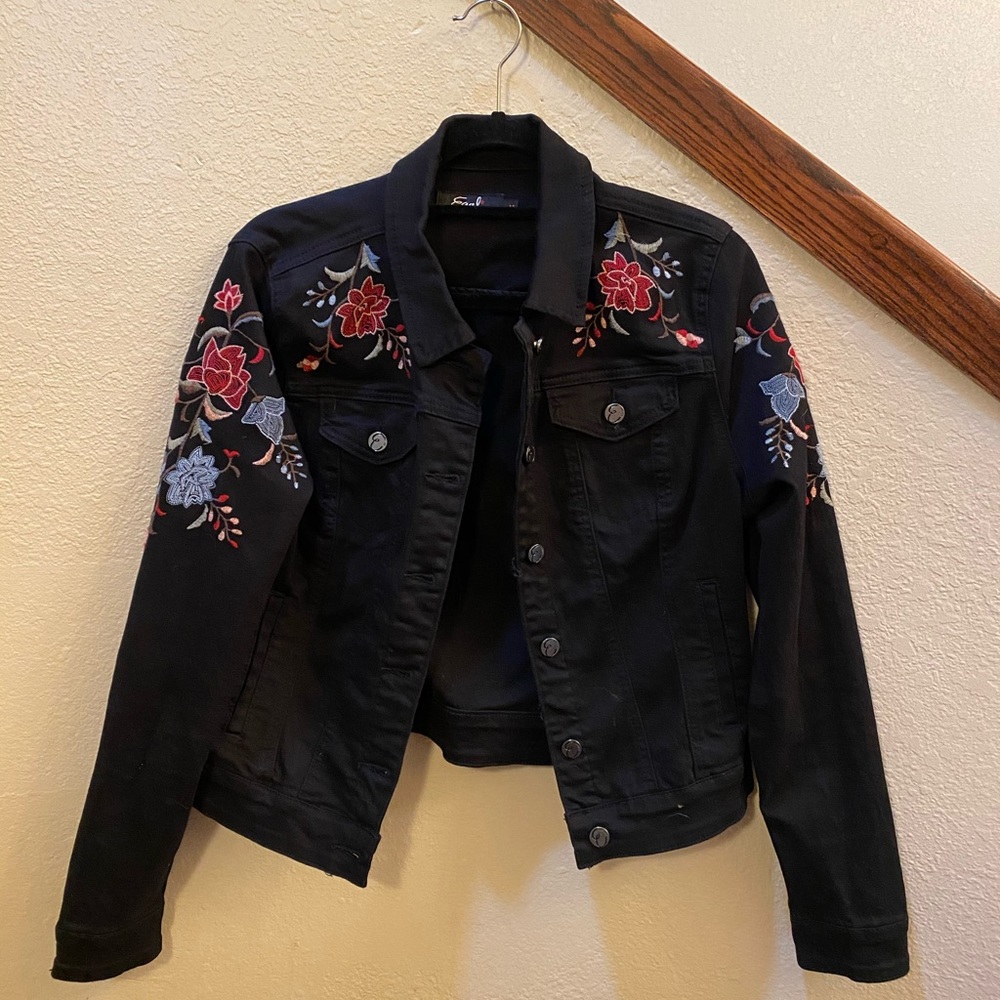 Black embroidered jean jacket